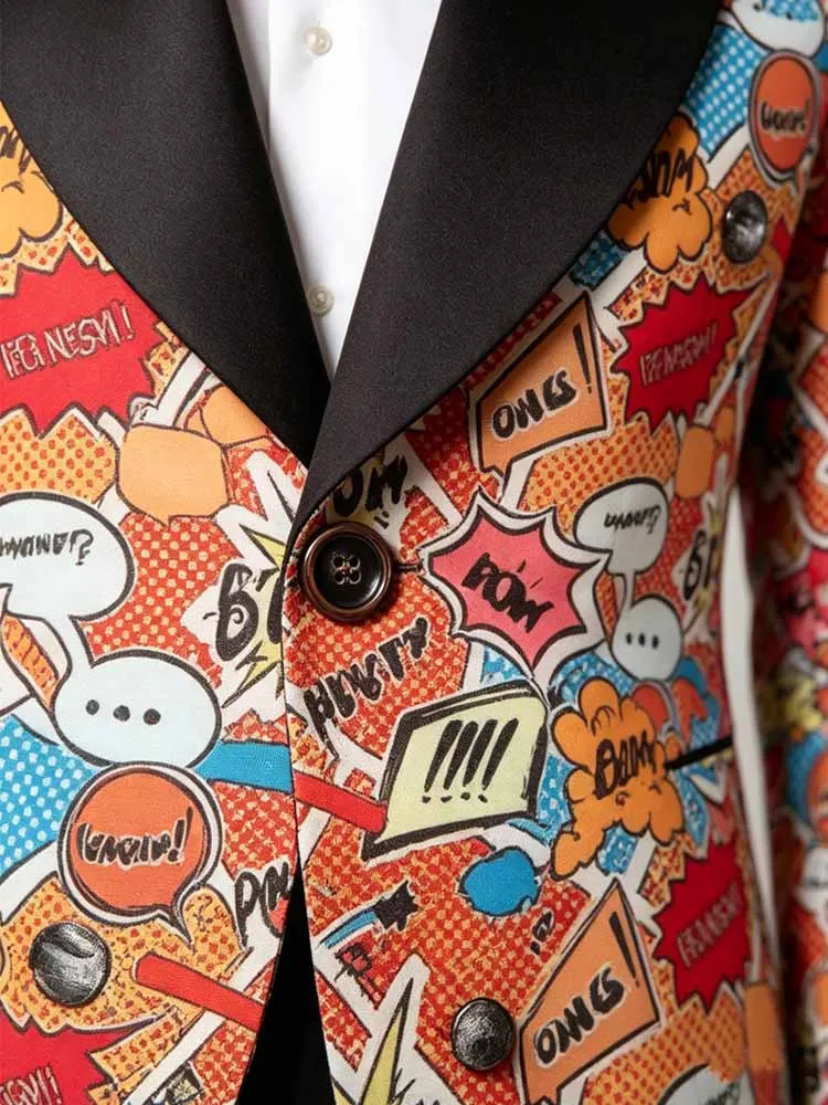 Men's Funky Comic Print Tuxedo Jacket, Colorful Shawl Lapel Party Blazer for Prom, Wedding, Nightclub - Image 3