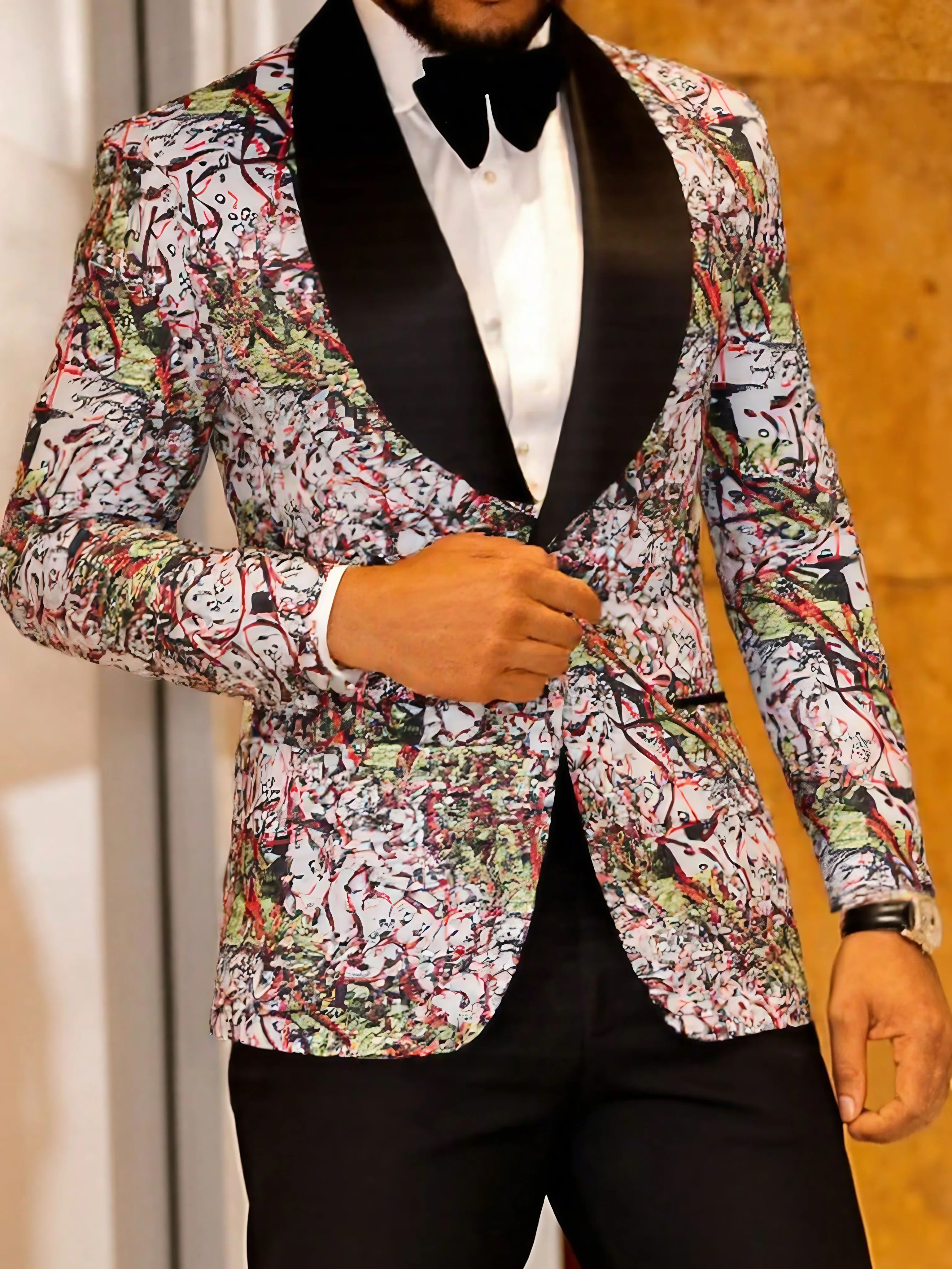 Men's Dress Floral Suit Notched Lapel Slim Fit Stylish Blazer Dress Suit