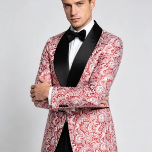 Men's Red Paisley Jacquard Tuxedo Jacket, Shawl Lapel Slim Fit Blazer for Wedding Party Prom