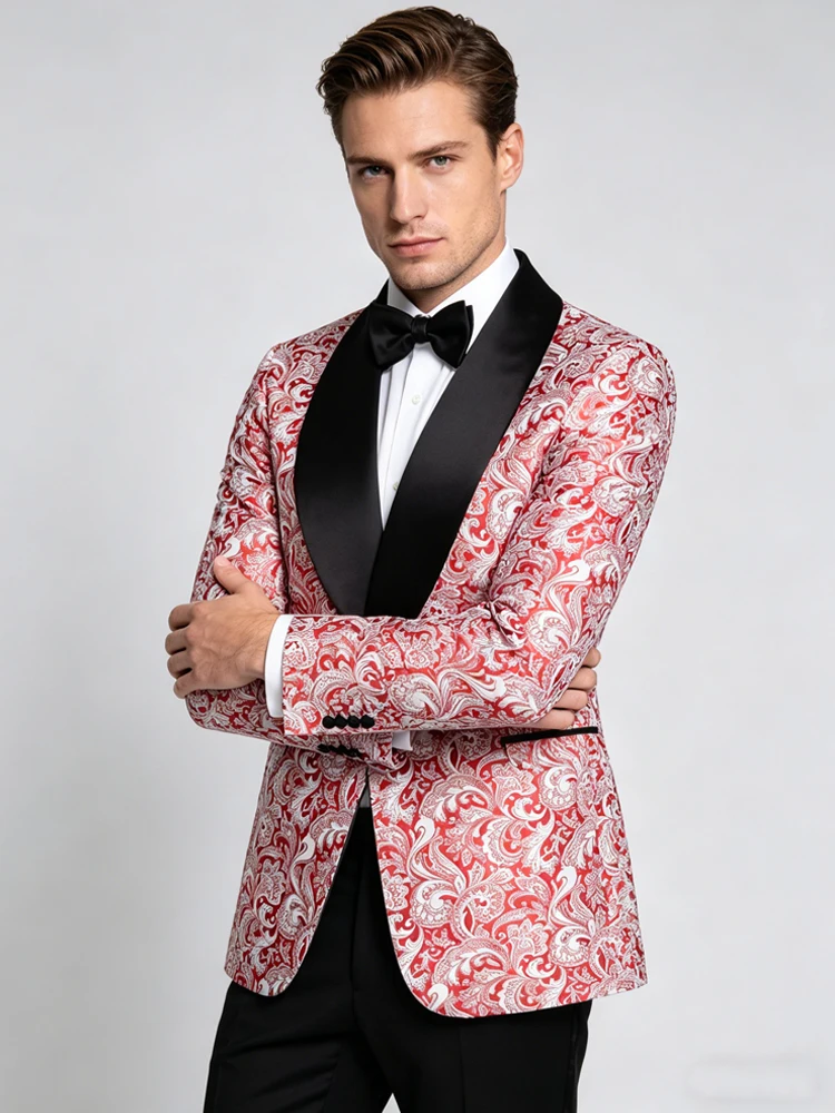 Men's Red Paisley Jacquard Tuxedo Jacket, Shawl Lapel Slim Fit Blazer for Wedding Party Prom