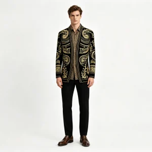 Men's Velvet Blazer, Gold Embroidered Suit Jacket, Black Tuxedo for Wedding Party Prom