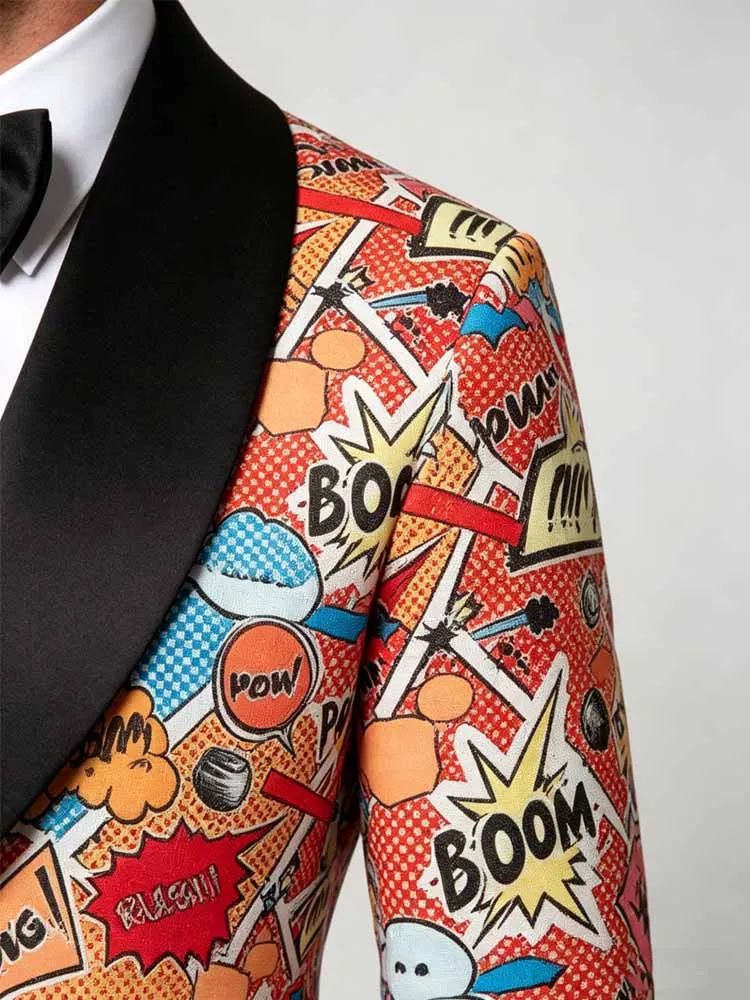 Men's Funky Comic Print Tuxedo Jacket, Colorful Shawl Lapel Party Blazer for Prom, Wedding, Nightclub - Image 2