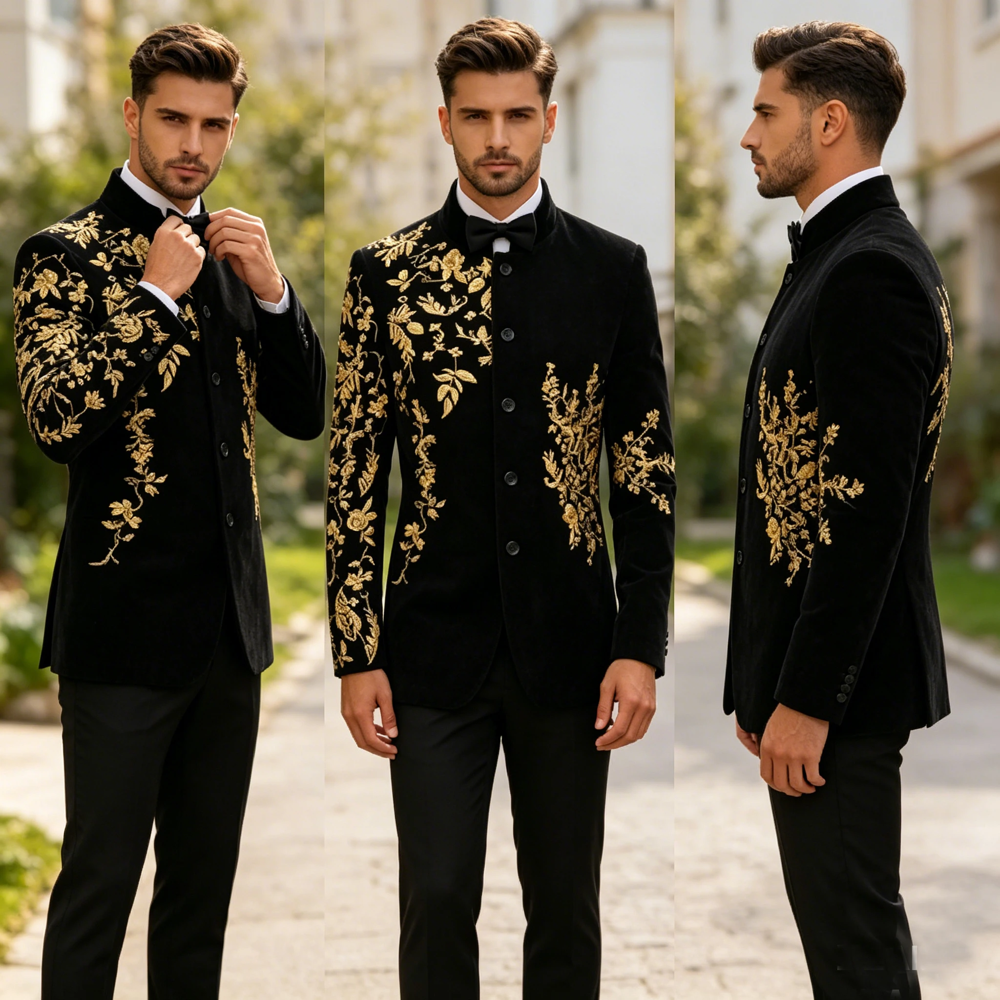 Men's Black Velvet Blazer with Gold Floral Embroidery, Slim Fit Suit Jacket for Wedding, Party, Banquet, Prom - Image 2