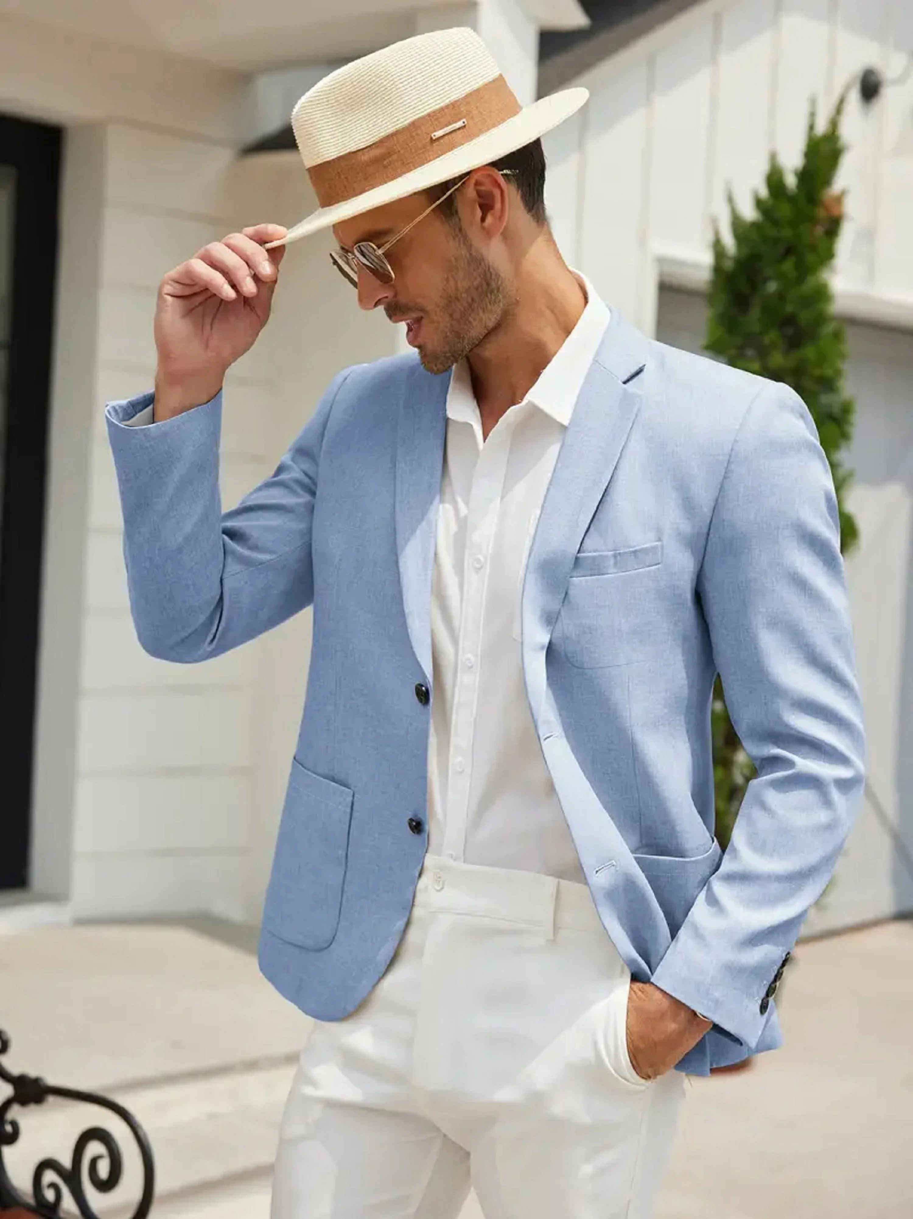 Men's Multi-Flap Pocket Pants Fashionable Slim Two-Button Blue Suit Jacket Suitable for Spring and Autum Business Banquet, Daily Outdoor Casual Men's Suit - Image 2