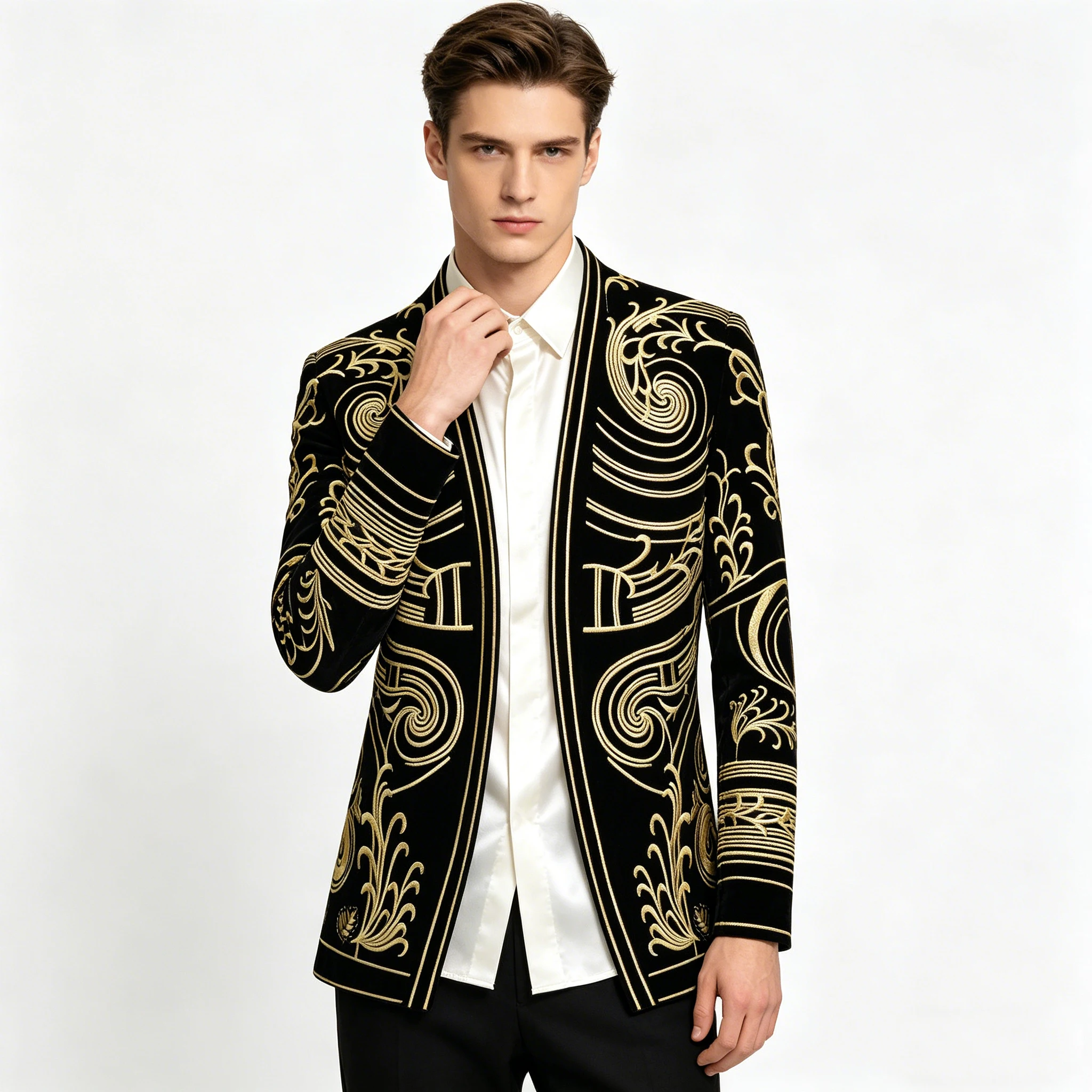 Mens Luxury Baroque Velvet Blazer Gold Embroidered Jacket, Court Style Open Front Cardigan Coat for Wedding, Prom, Banquet, Stag - Image 3