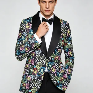 Men's Graffiti Print Tuxedo Jacket, Black Satin Lapel Slim Fit Party Blazer, Formal Suit Coat for Wedding, Prom, Nightclub & Sta