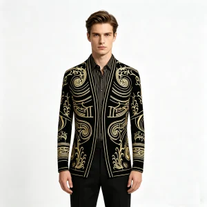 Mens Luxury Baroque Velvet Blazer Gold Embroidered Jacket, Court Style Open Front Cardigan Coat for Wedding, Prom, Banquet, Stag
