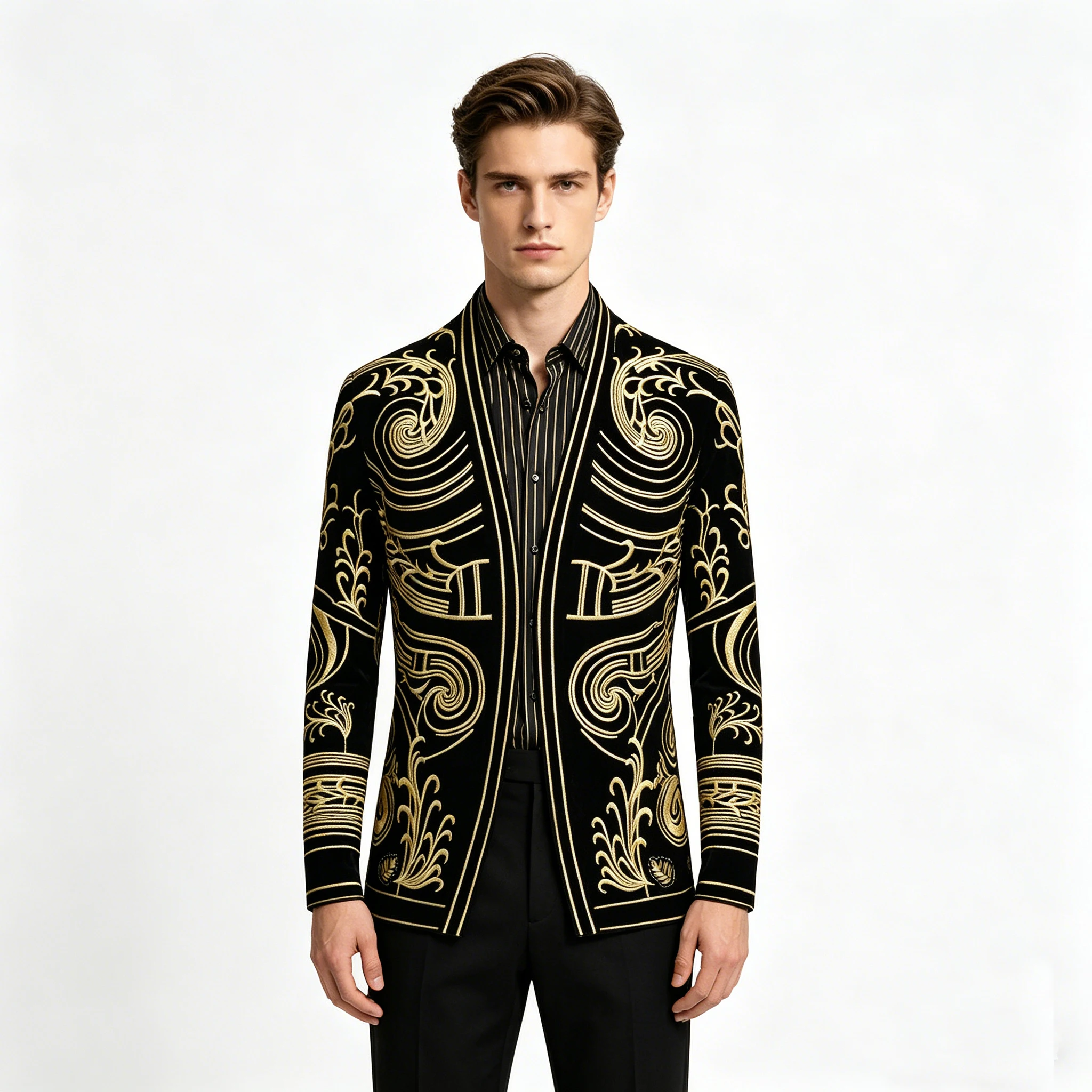 Mens Luxury Baroque Velvet Blazer Gold Embroidered Jacket, Court Style Open Front Cardigan Coat for Wedding, Prom, Banquet, Stag