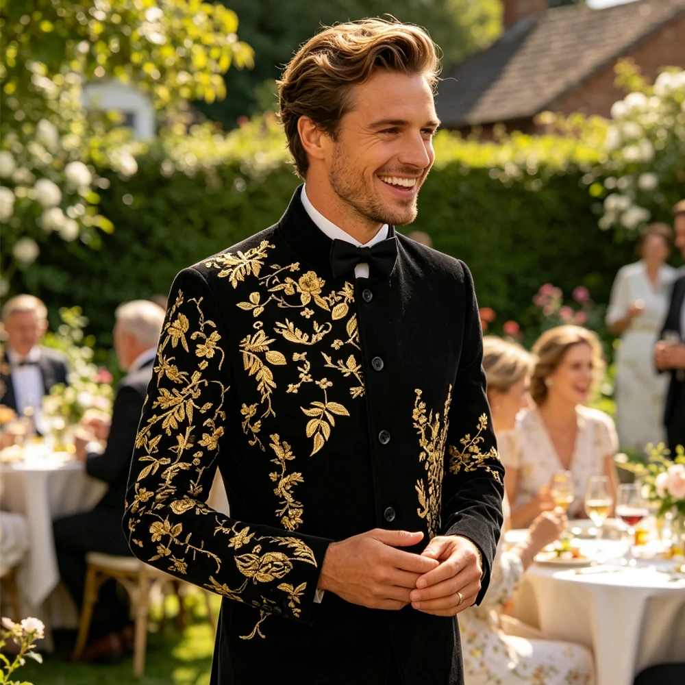 Men's Black Velvet Blazer with Gold Floral Embroidery, Slim Fit Suit Jacket for Wedding, Party, Banquet, Prom - Image 3