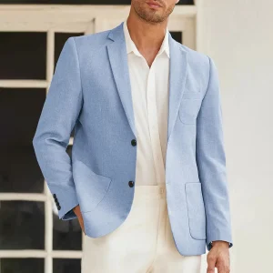 Men's Multi-Flap Pocket Pants Fashionable Slim Two-Button Blue Suit Jacket Suitable for Spring and Autum Business Banquet, Daily Outdoor Casual Men's Suit