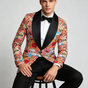 Men's Funky Comic Print Tuxedo Jacket, Colorful Shawl Lapel Party Blazer for Prom, Wedding, Nightclub