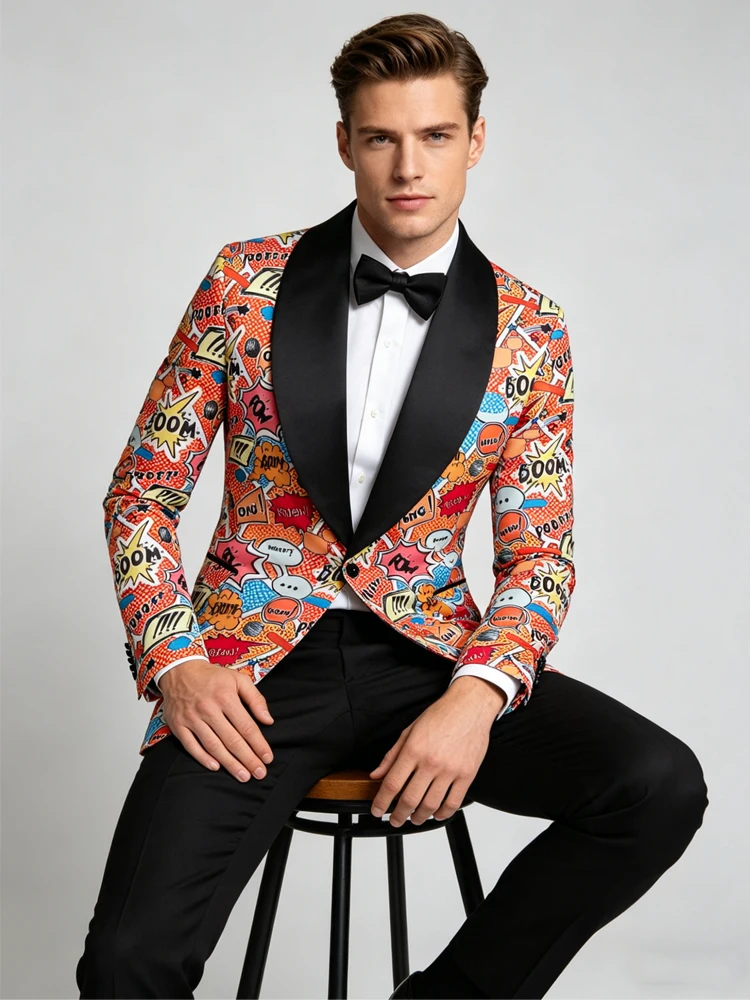 Men's Funky Comic Print Tuxedo Jacket, Colorful Shawl Lapel Party Blazer for Prom, Wedding, Nightclub