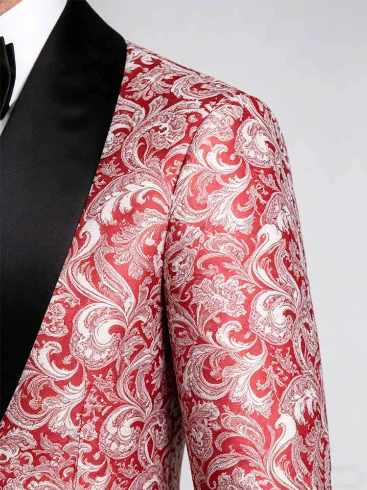 Men's Red Paisley Jacquard Tuxedo Jacket, Shawl Lapel Slim Fit Blazer for Wedding Party Prom - Image 3