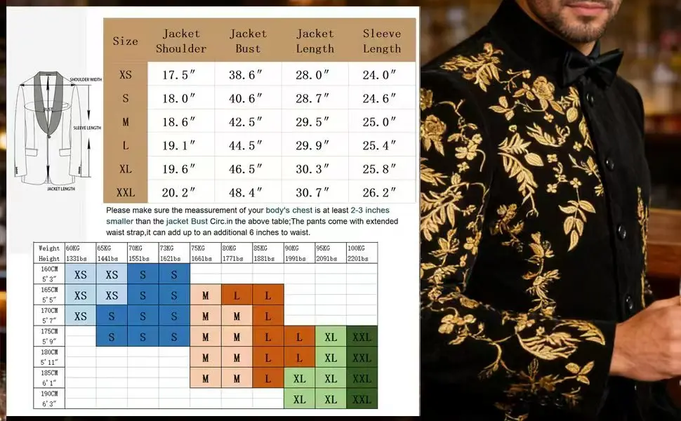 Men's Black Velvet Blazer with Gold Floral Embroidery, Slim Fit Suit Jacket for Wedding, Party, Banquet, Prom - Image 4