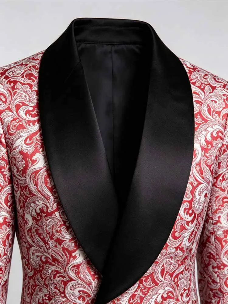 Men's Red Paisley Jacquard Tuxedo Jacket, Shawl Lapel Slim Fit Blazer for Wedding Party Prom - Image 4