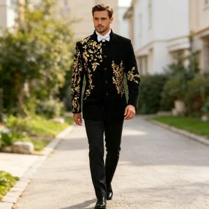 Men's Black Velvet Blazer with Gold Floral Embroidery, Slim Fit Suit Jacket for Wedding, Party, Banquet, Prom