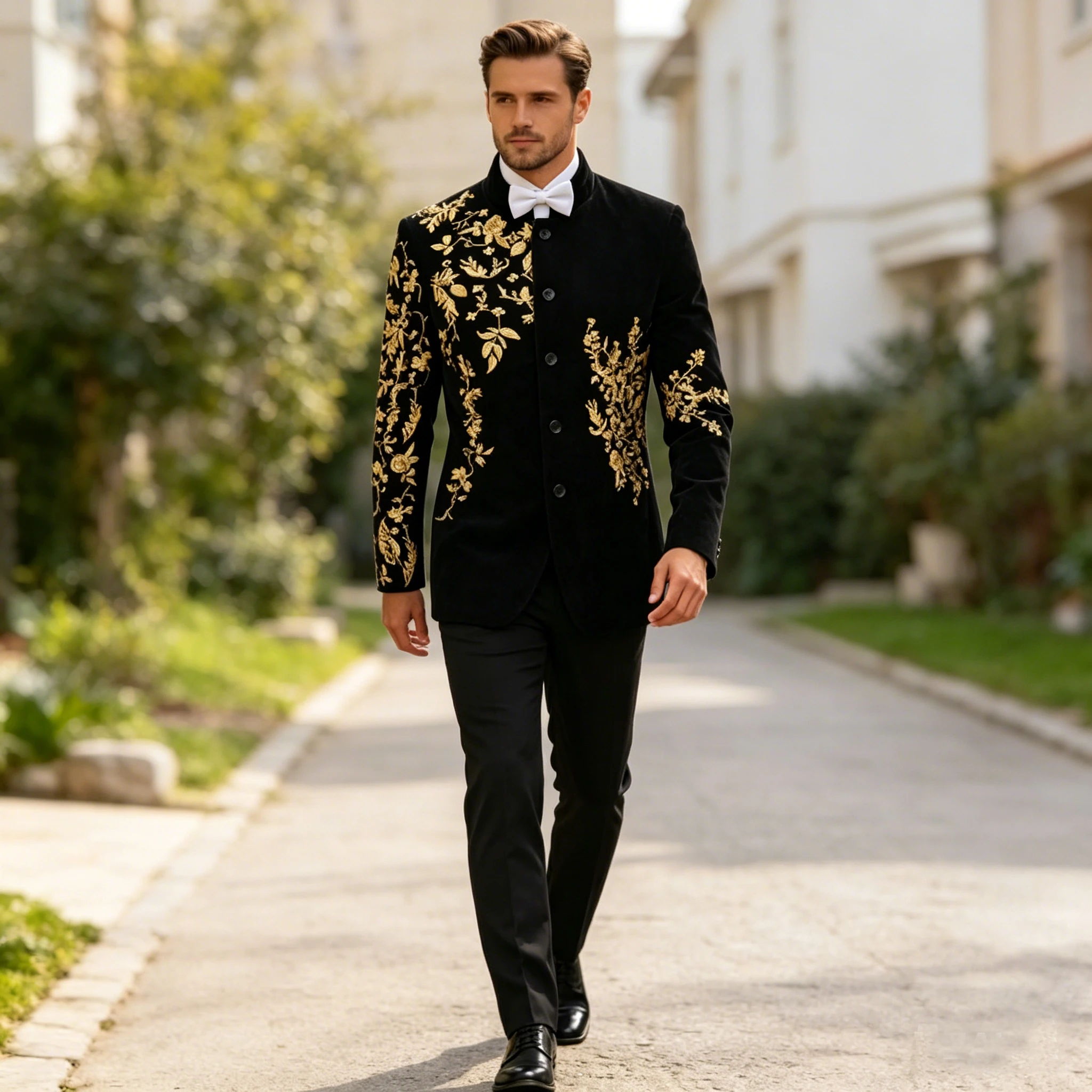 Men's Black Velvet Blazer with Gold Floral Embroidery, Slim Fit Suit Jacket for Wedding, Party, Banquet, Prom