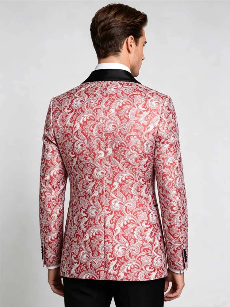 Men's Red Paisley Jacquard Tuxedo Jacket, Shawl Lapel Slim Fit Blazer for Wedding Party Prom - Image 2